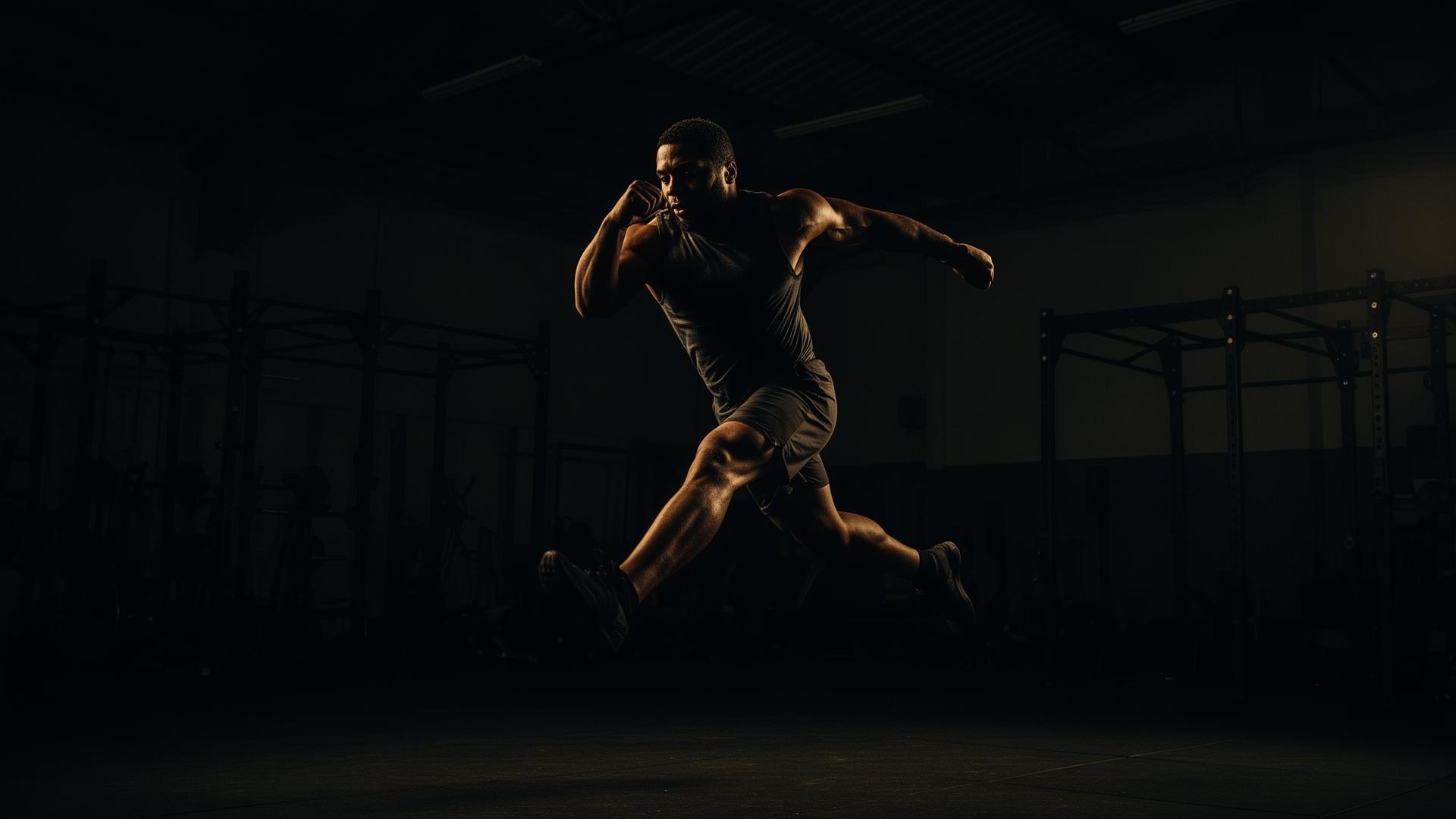 Athlete sprinting through a dark training facility